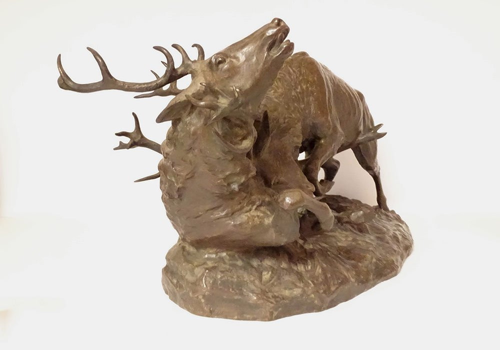 Large Bronze Sculpture By Ernest Dagonet, Depicting Deer Fighting, 80cm, 19th Century-photo-1