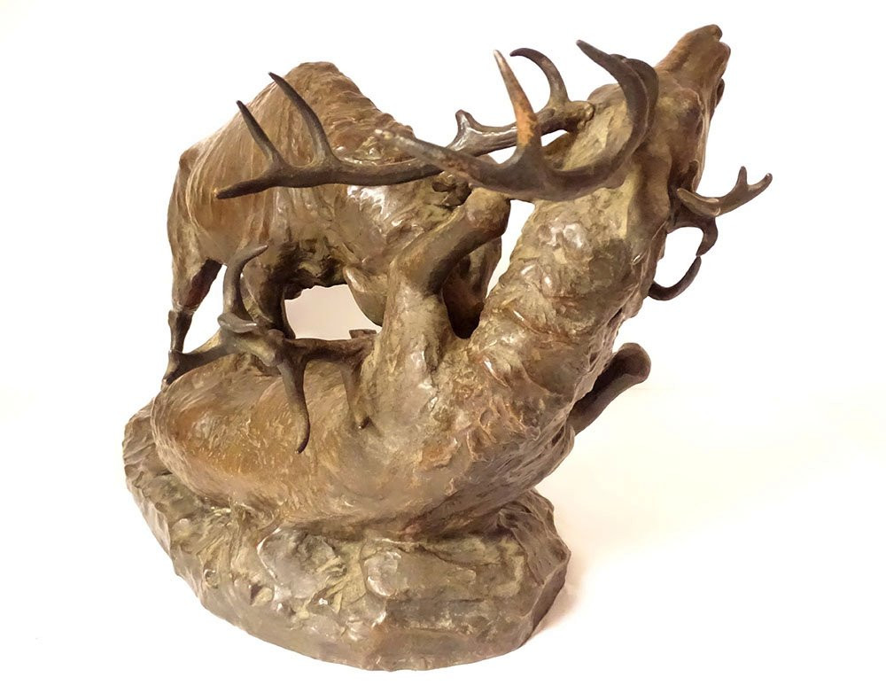 Large Bronze Sculpture By Ernest Dagonet, Depicting Deer Fighting, 80cm, 19th Century-photo-2