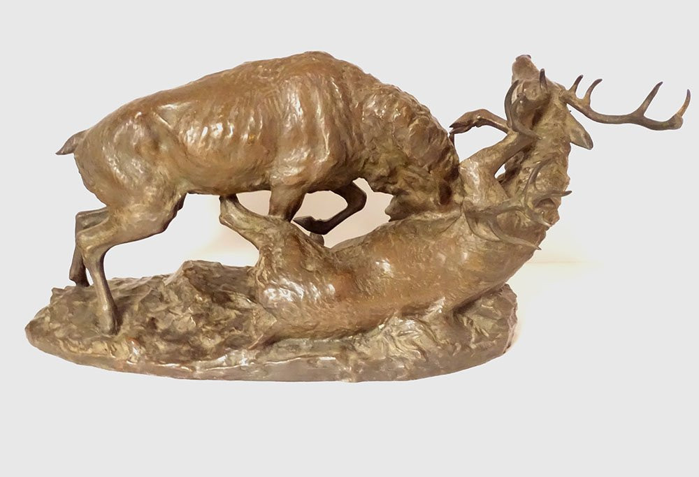 Large Bronze Sculpture By Ernest Dagonet, Depicting Deer Fighting, 80cm, 19th Century-photo-3