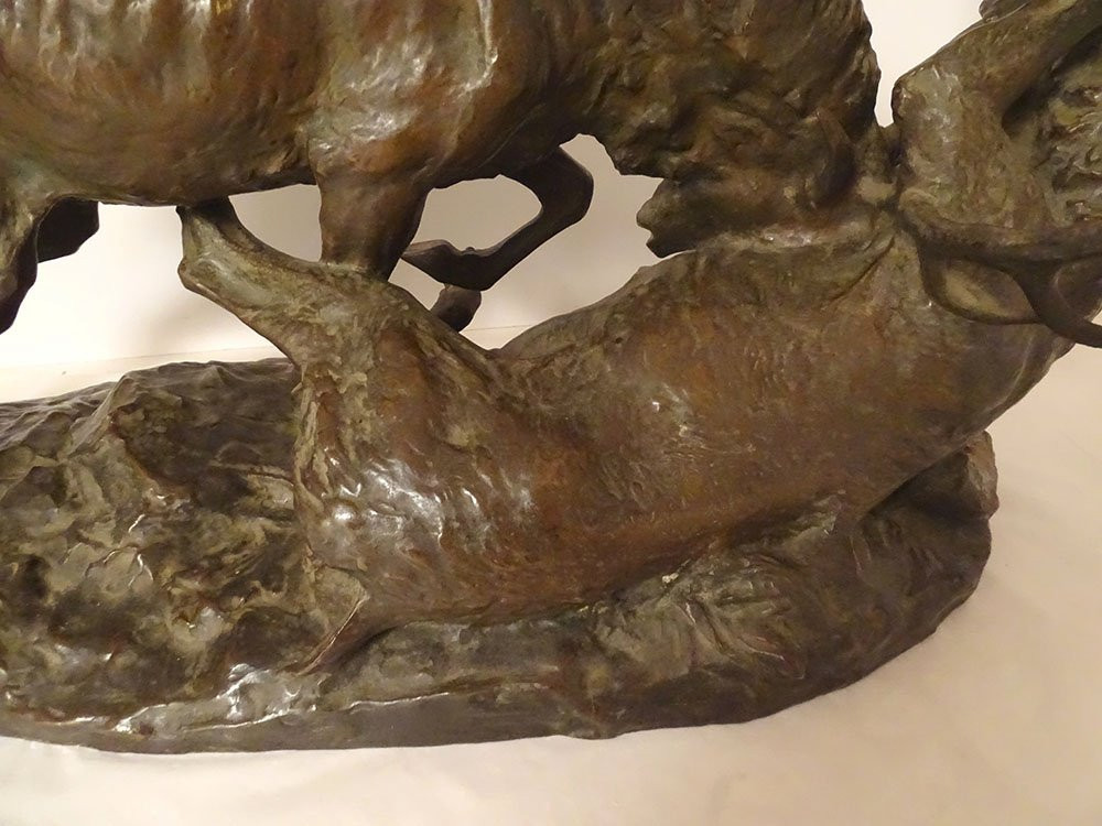 Large Bronze Sculpture By Ernest Dagonet, Depicting Deer Fighting, 80cm, 19th Century-photo-4