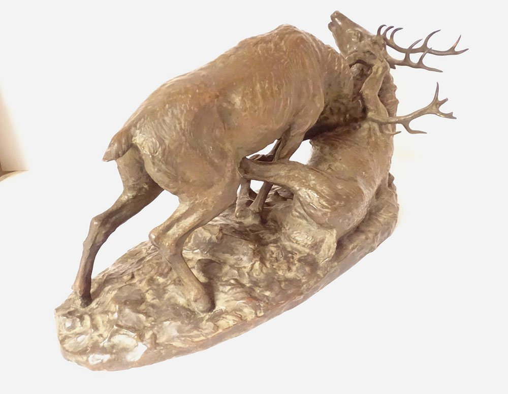 Large Bronze Sculpture By Ernest Dagonet, Depicting Deer Fighting, 80cm, 19th Century-photo-6