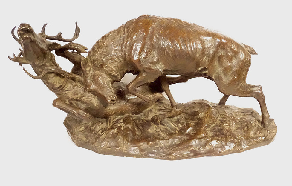 Large Bronze Sculpture By Ernest Dagonet, Depicting Deer Fighting, 80cm, 19th Century