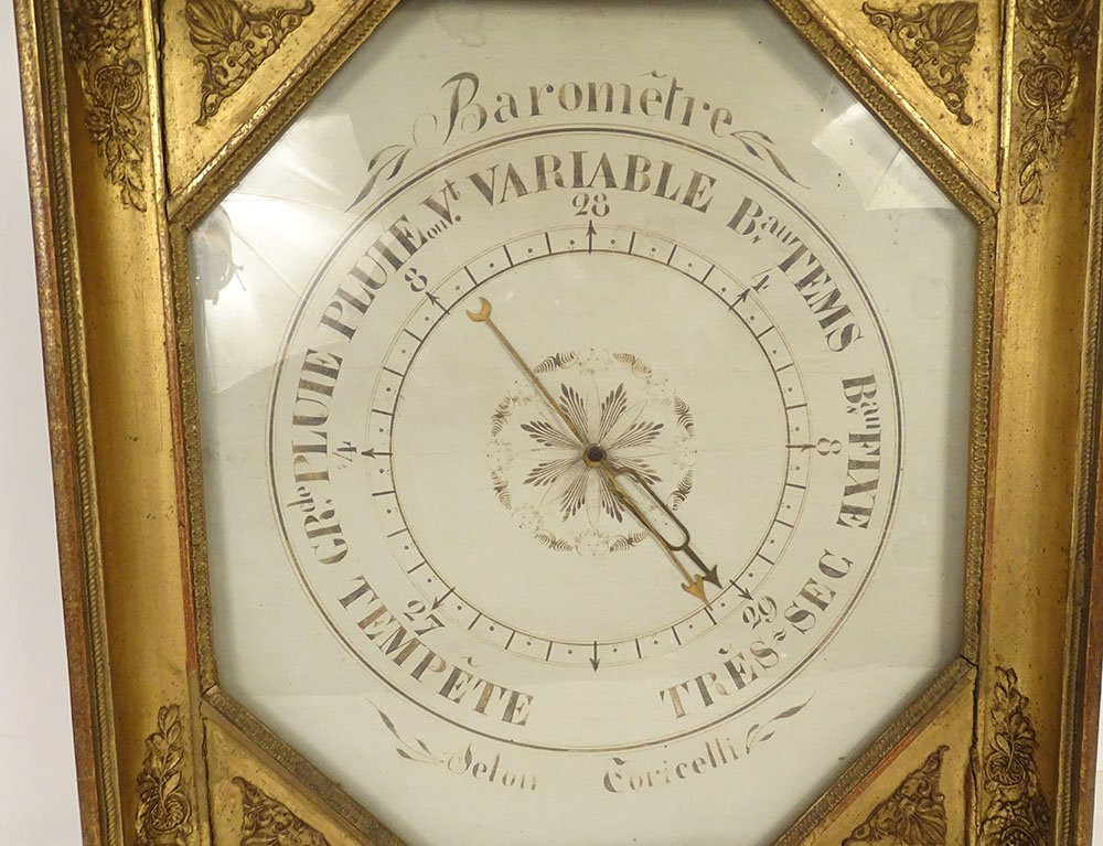 Baromètre Ier Empire bois sculpté doré système Torricelli panier fleurs 19è-photo-2