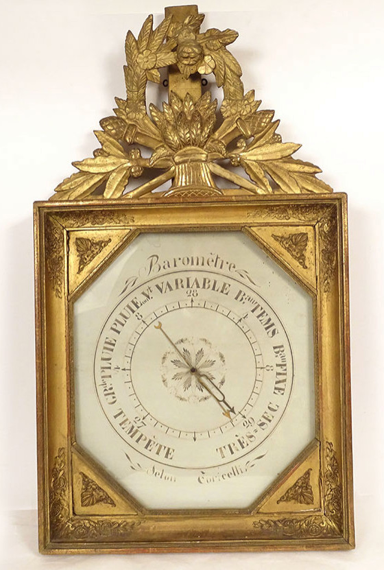 Baromètre Ier Empire bois sculpté doré système Torricelli panier fleurs 19è