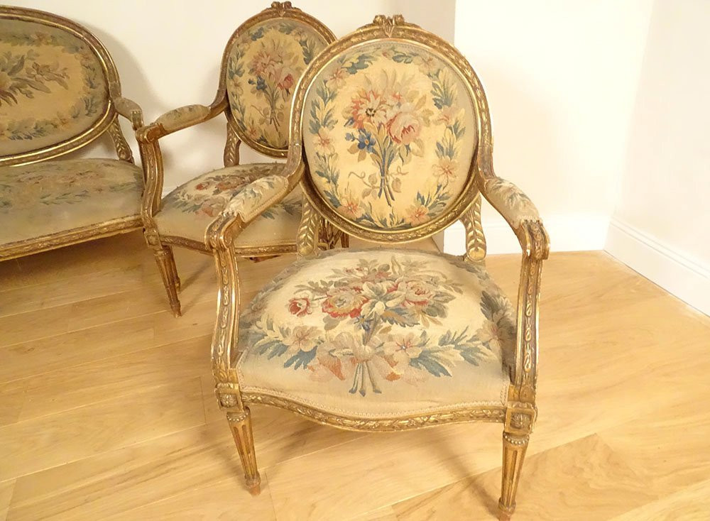 Louis XVI Drawing Room, Armchairs, Sofa, Gilded Wood, Aubusson Tapestry, Napoleon III, 19th Century-photo-2