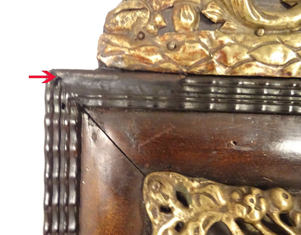 Miroir glace Louis XIV laiton repoussé noyer palissandre fleurs oiseaux 18è-photo-4