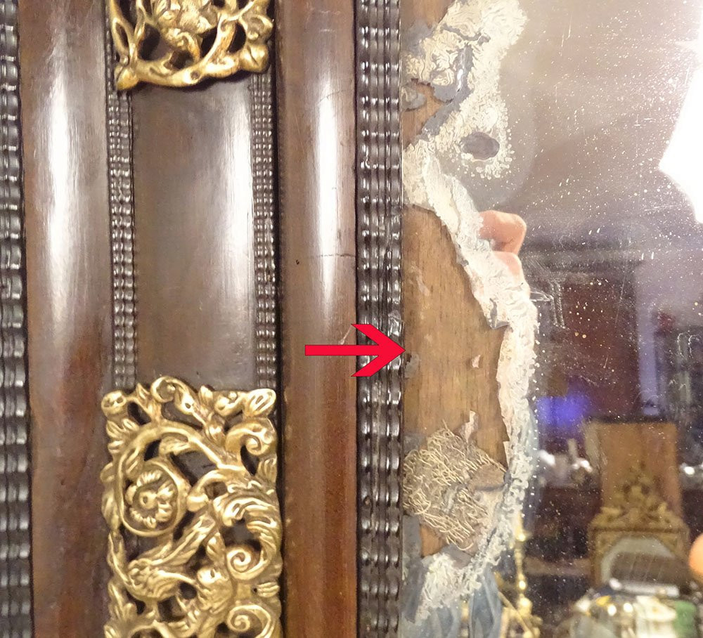 Miroir glace Louis XIV laiton repoussé noyer palissandre fleurs oiseaux 18è-photo-5