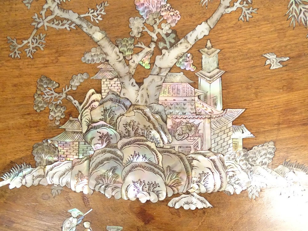 Wooden Panel With Mother-of-pearl Marquetry, Landscape, Pagoda, Figures, Boat, Vietnam, 19th Century-photo-2