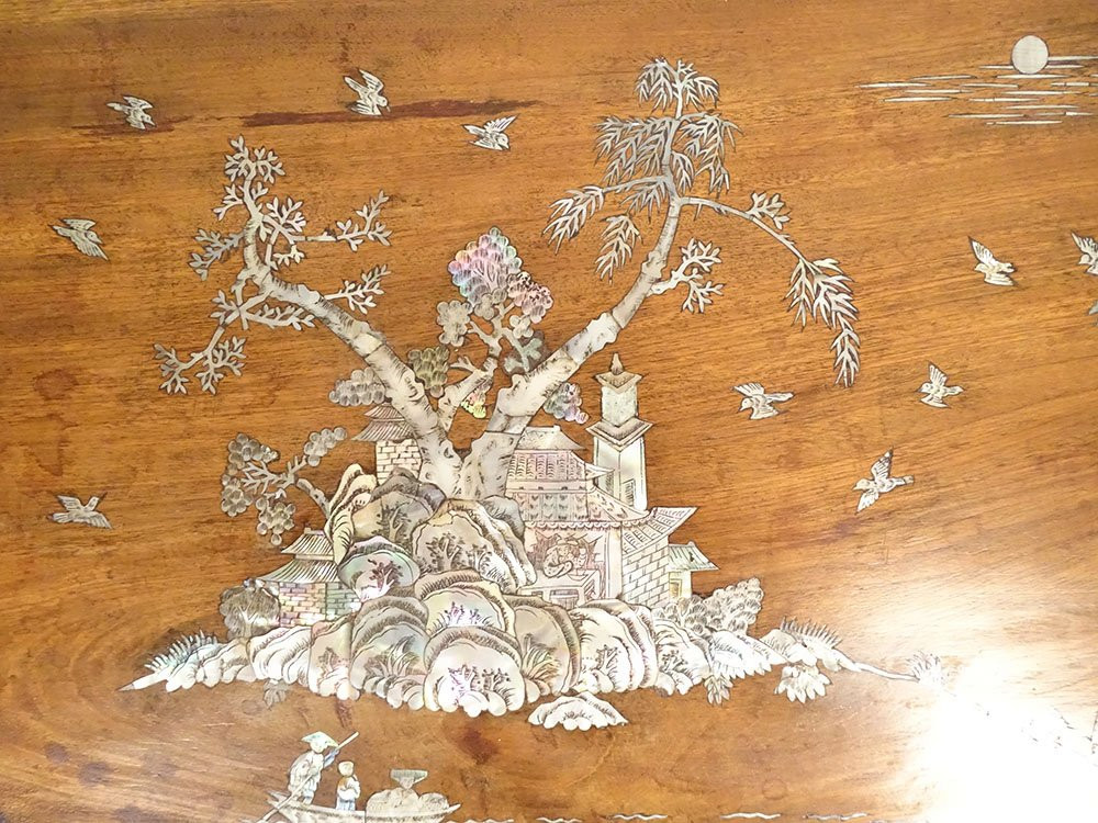 Wooden Panel With Mother-of-pearl Marquetry, Landscape, Pagoda, Figures, Boat, Vietnam, 19th Century-photo-3