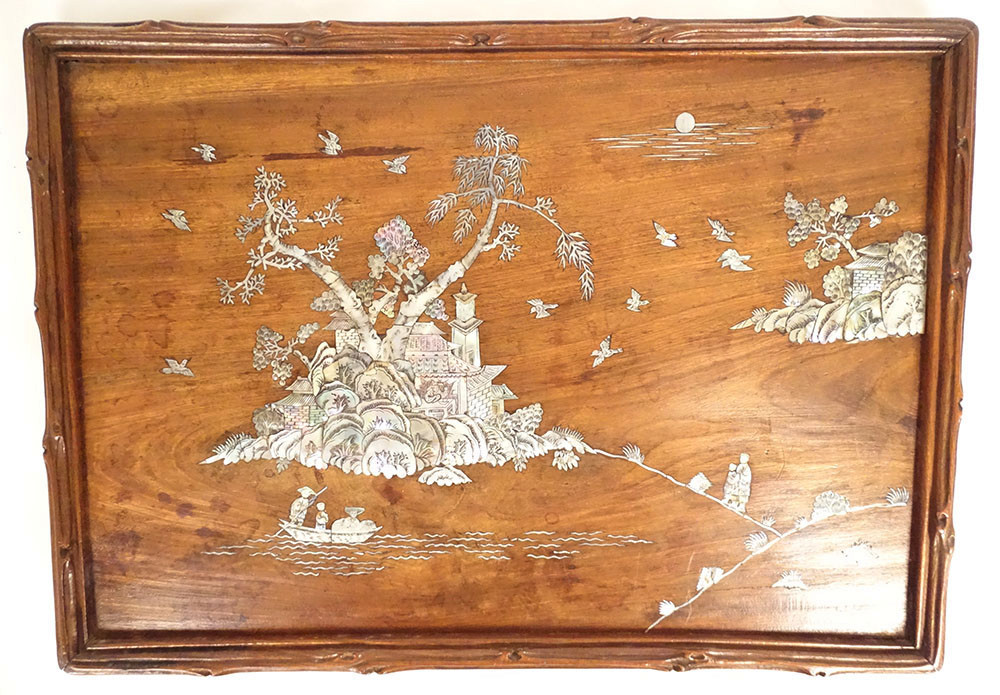 Wooden Panel With Mother-of-pearl Marquetry, Landscape, Pagoda, Figures, Boat, Vietnam, 19th Century