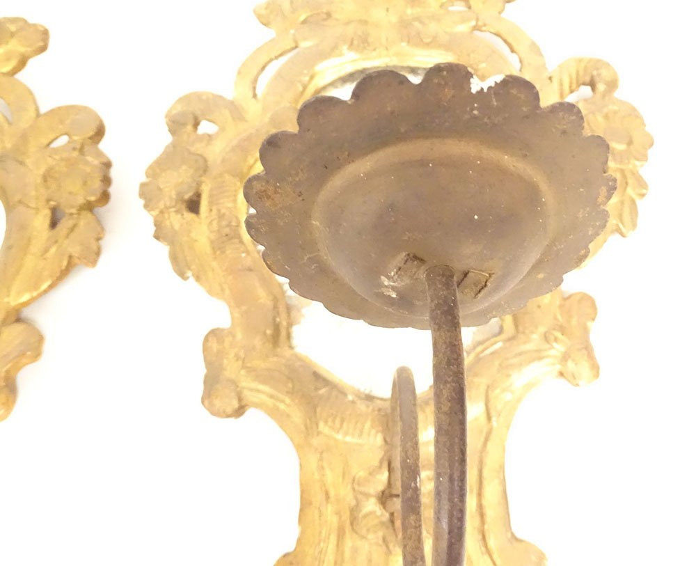Paire miroirs appliques italiens bois doré bras lumière bougeoir fin XIXème-photo-2
