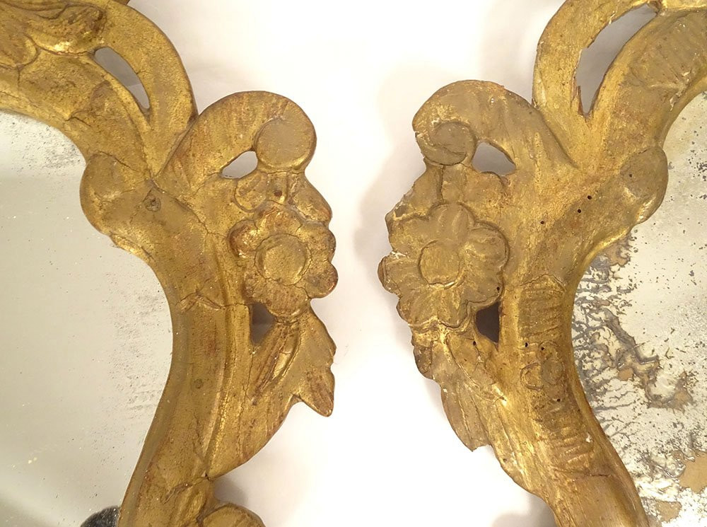 Paire miroirs appliques italiens bois doré bras lumière bougeoir fin XIXème-photo-4