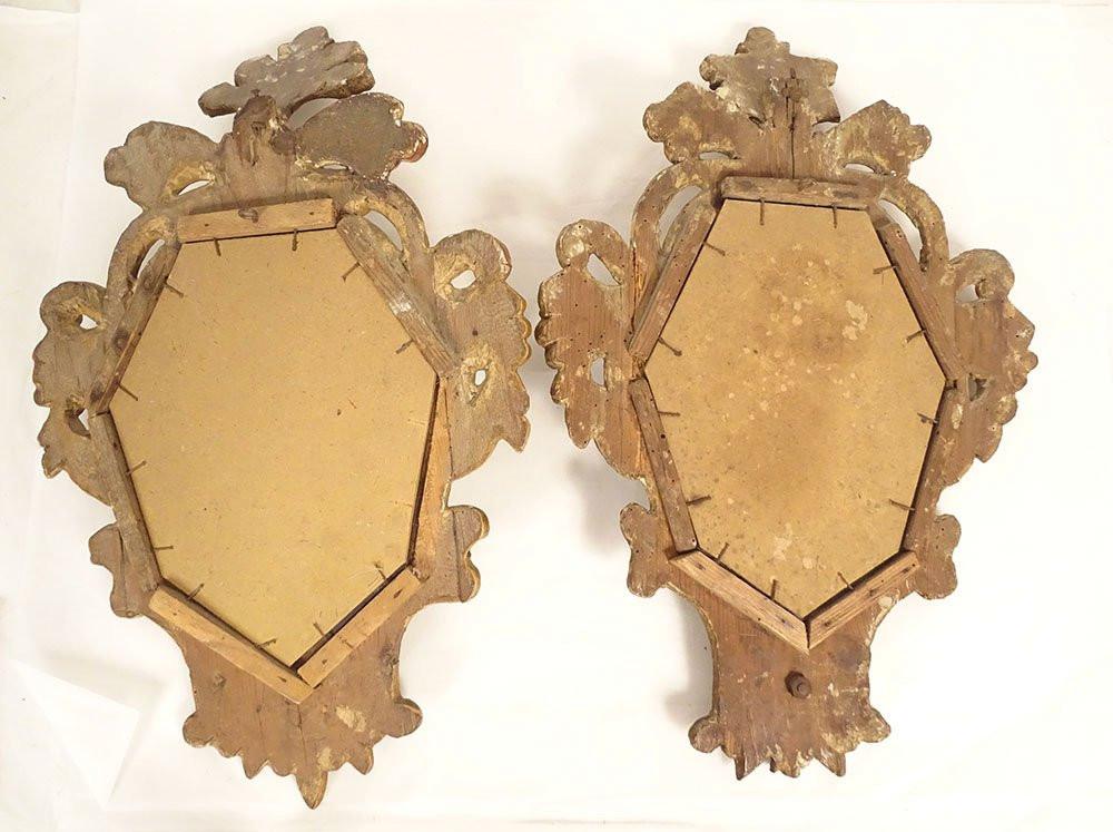 Paire miroirs appliques italiens bois doré bras lumière bougeoir fin XIXème-photo-8