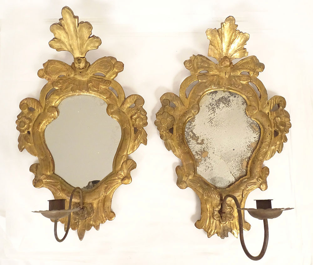 Paire miroirs appliques italiens bois doré bras lumière bougeoir fin XIXème
