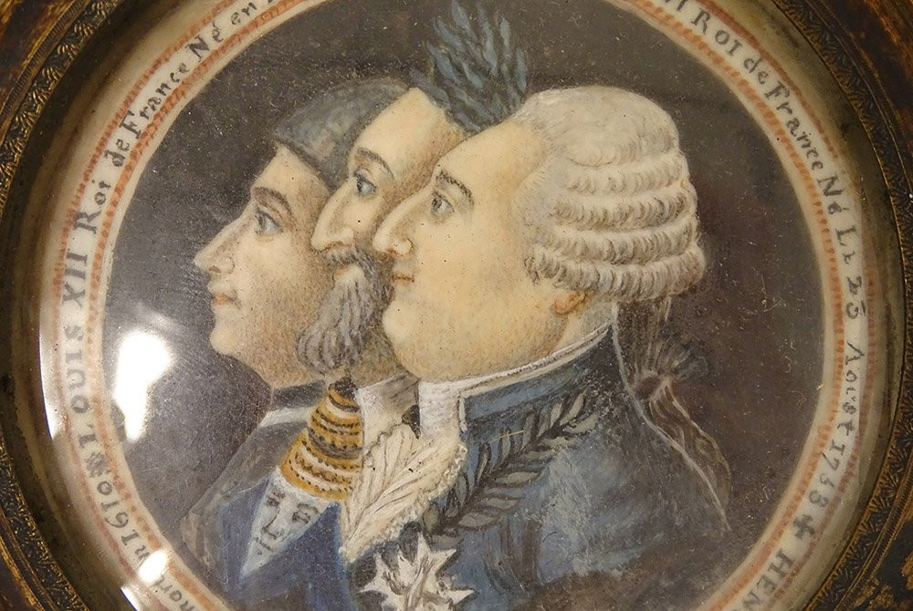 Miniature Painted Portraits Of French Kings Louis XVI, Henry Iv, And Louis XII, 18th Century-photo-3
