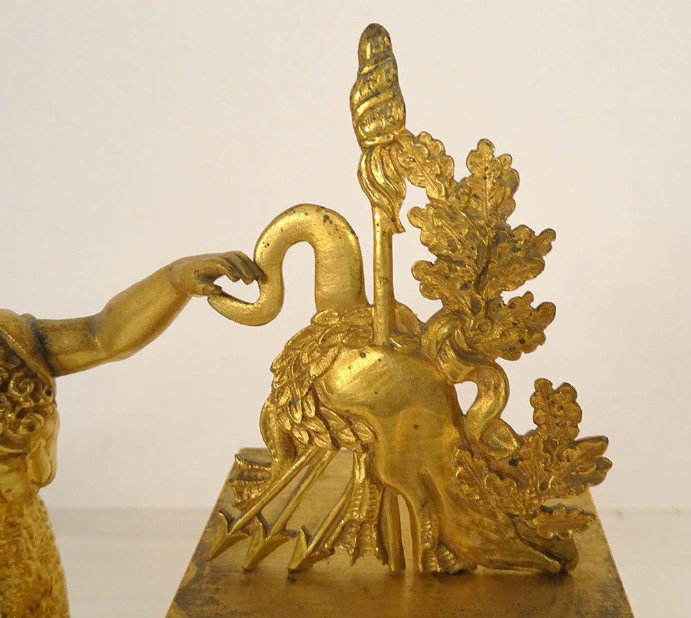 Empire Style Desk Clock Depicting Hercules, The Nemean Lion, In Gilt Bronze, 19th Century-photo-3