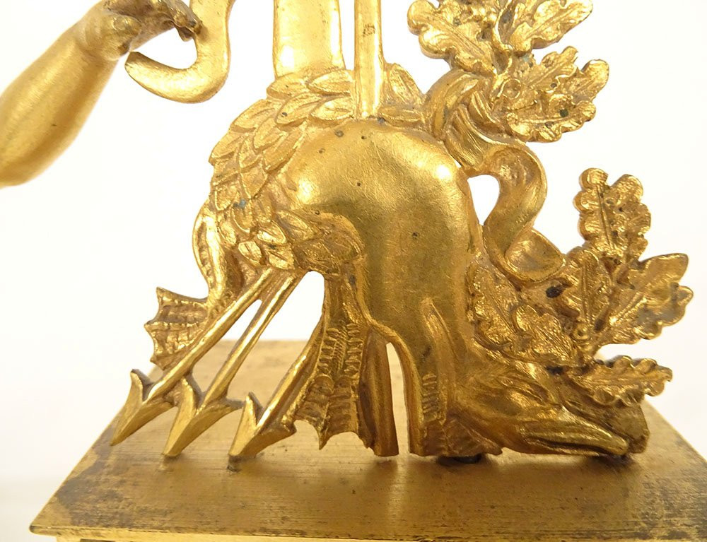 Empire Style Desk Clock Depicting Hercules, The Nemean Lion, In Gilt Bronze, 19th Century-photo-3