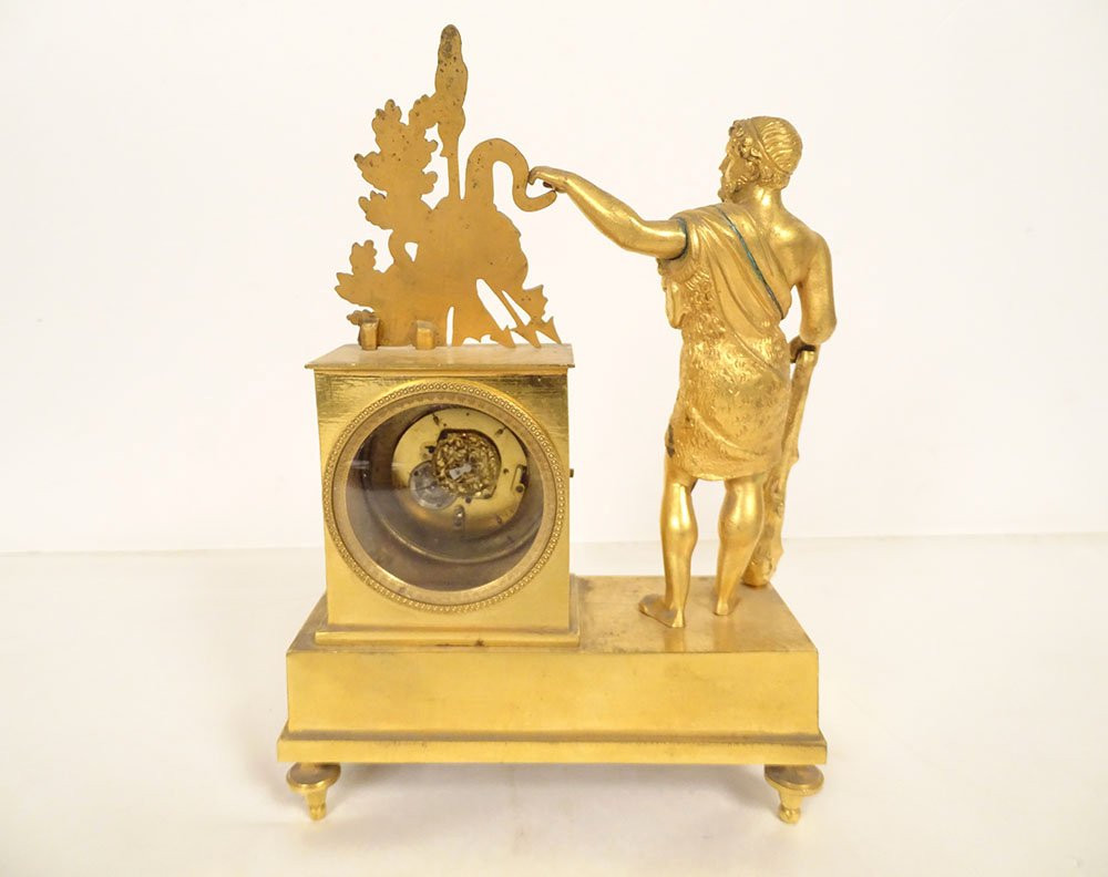 Empire Style Desk Clock Depicting Hercules, The Nemean Lion, In Gilt Bronze, 19th Century-photo-4