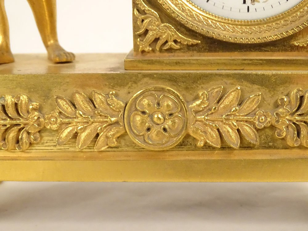 Empire Style Desk Clock Depicting Hercules, The Nemean Lion, In Gilt Bronze, 19th Century-photo-6