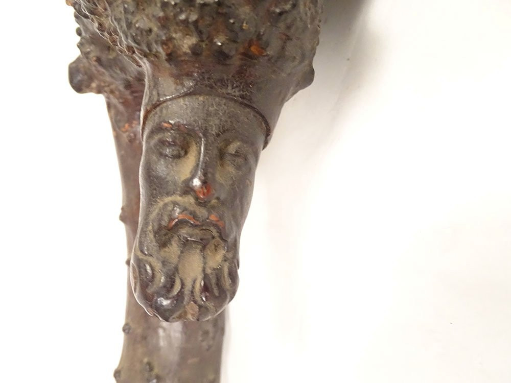 Canne ancienne bois sculpté monoxyle tête lion personnage Art Populaire 19è-photo-3