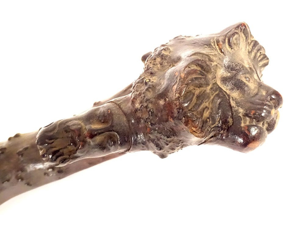 Canne ancienne bois sculpté monoxyle tête lion personnage Art Populaire 19è-photo-4