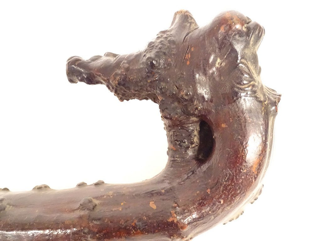 Canne ancienne bois sculpté monoxyle tête lion personnage Art Populaire 19è-photo-2