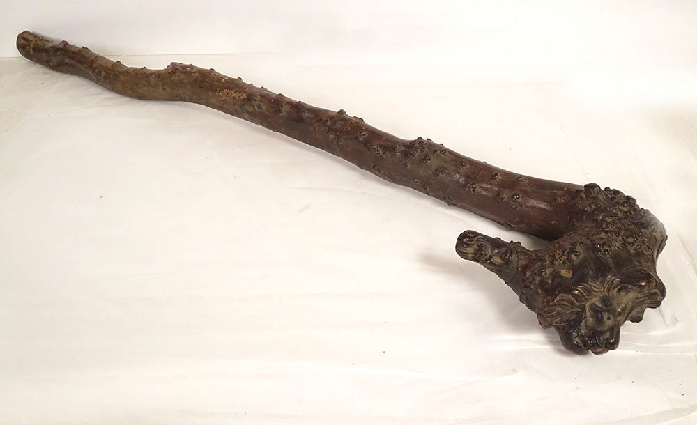 Canne ancienne bois sculpté monoxyle tête lion personnage Art Populaire 19è-photo-3