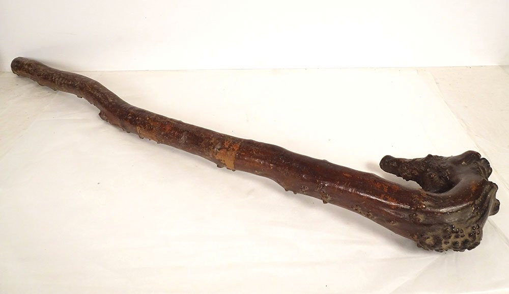 Canne ancienne bois sculpté monoxyle tête lion personnage Art Populaire 19è-photo-6