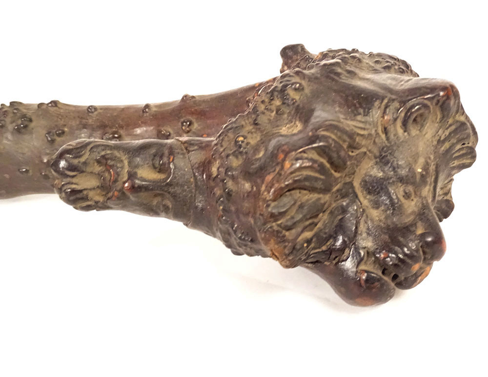 Canne ancienne bois sculpté monoxyle tête lion personnage Art Populaire 19è