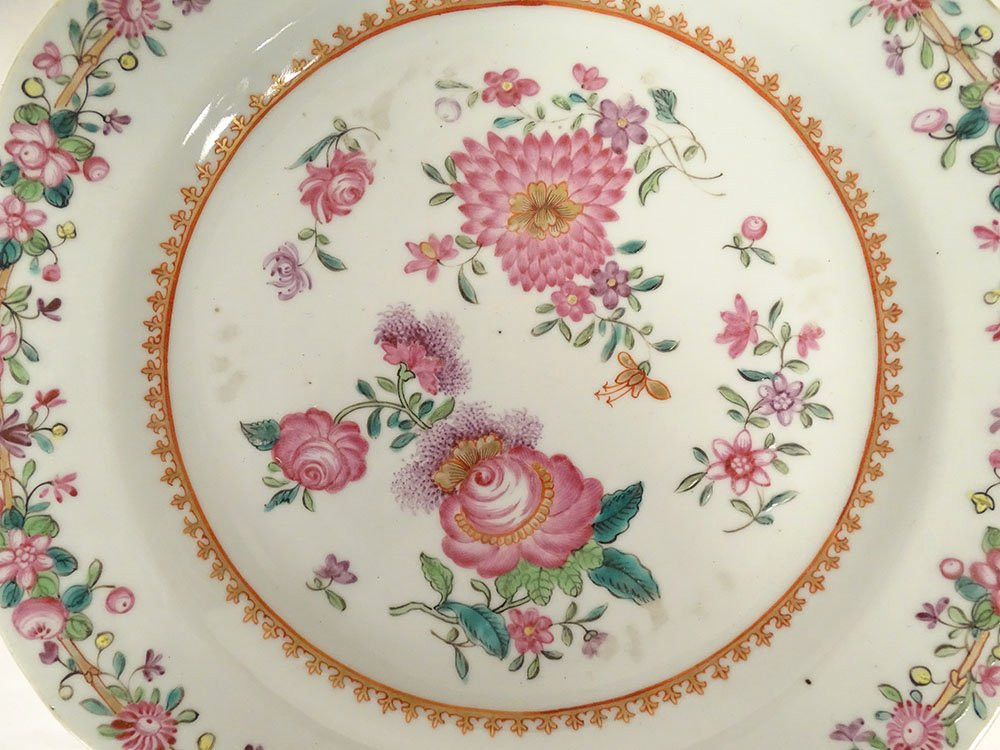 3 plats porcelaine Compagnie des Indes Famille rose pivoines Qianlong 18è-photo-2