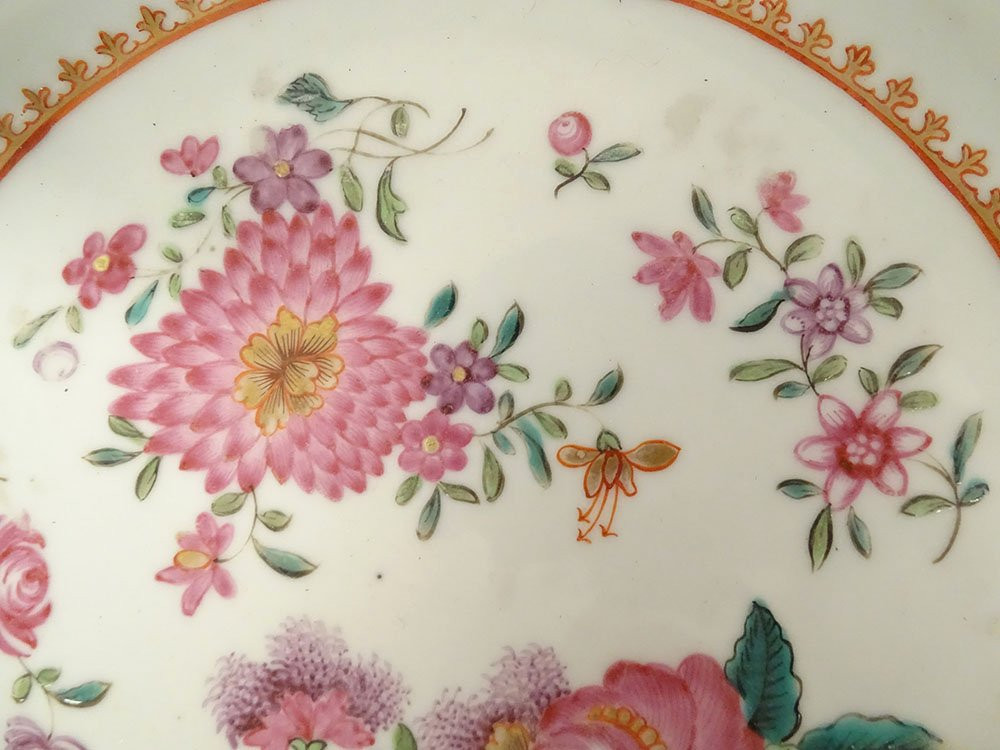3 plats porcelaine Compagnie des Indes Famille rose pivoines Qianlong 18è-photo-4