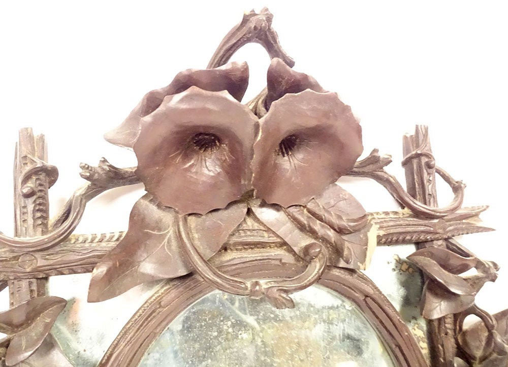 Miroir glace bois sculpté Black Forest Forêt Noire fleurs liseron XIXème-photo-2