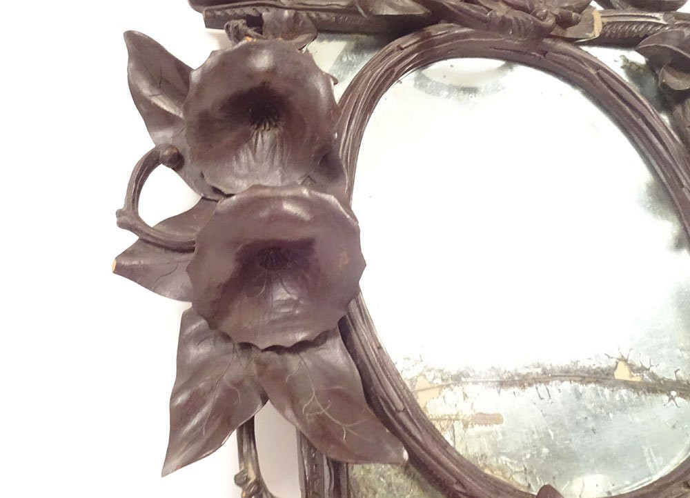 Miroir glace bois sculpté Black Forest Forêt Noire fleurs liseron XIXème-photo-3