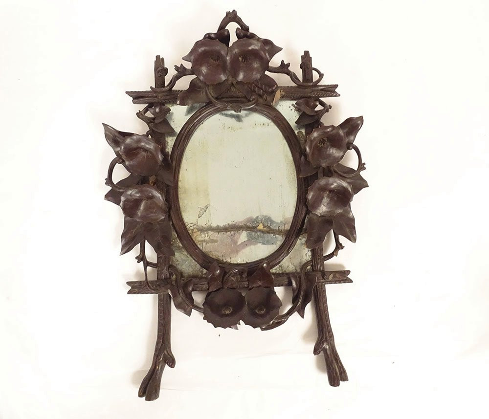 Miroir glace bois sculpté Black Forest Forêt Noire fleurs liseron XIXème-photo-1