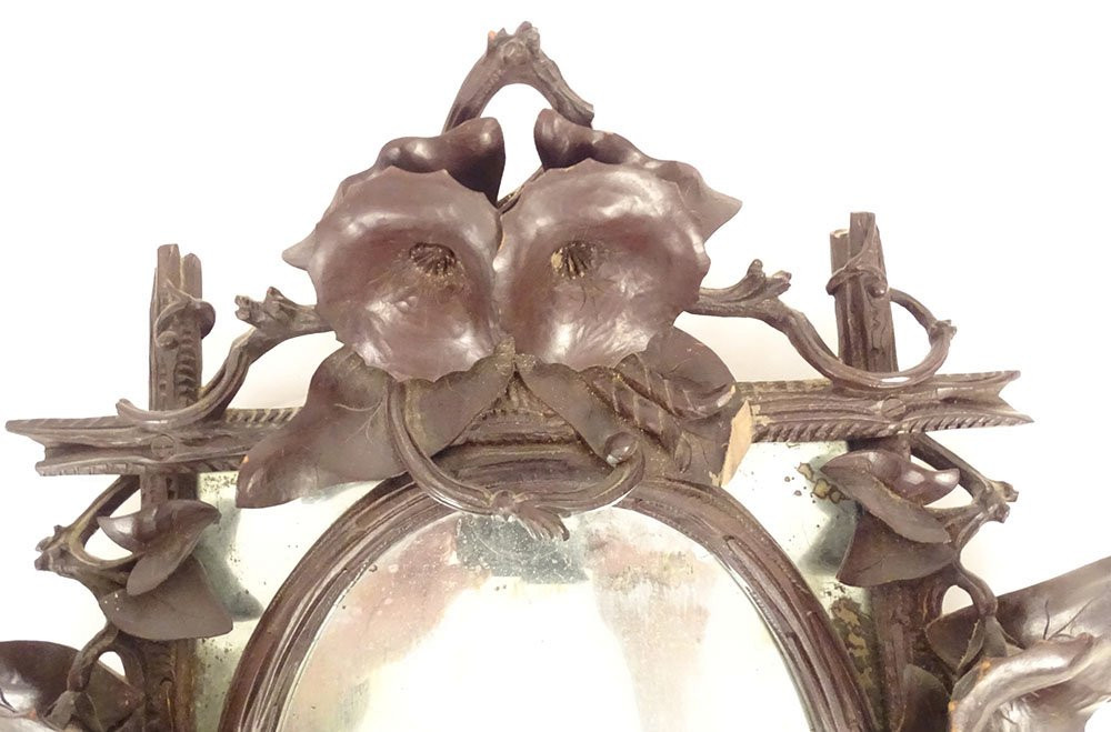 Miroir glace bois sculpté Black Forest Forêt Noire fleurs liseron XIXème-photo-3