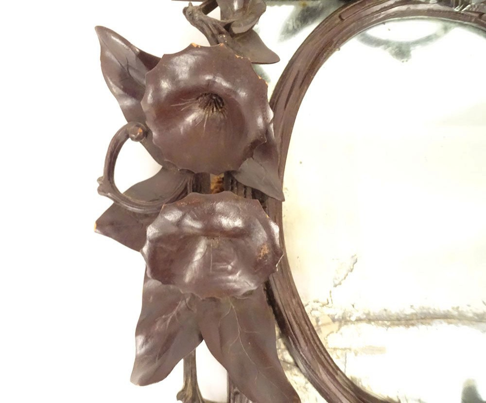 Miroir glace bois sculpté Black Forest Forêt Noire fleurs liseron XIXème-photo-4