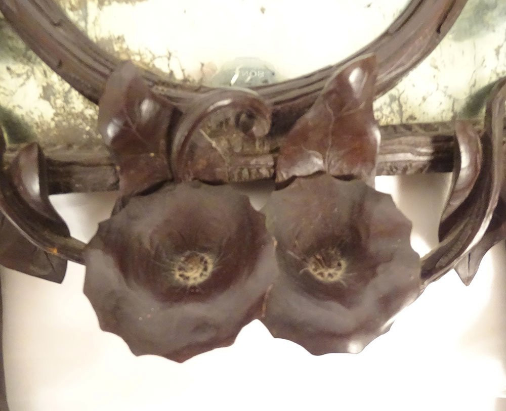 Miroir glace bois sculpté Black Forest Forêt Noire fleurs liseron XIXème-photo-5