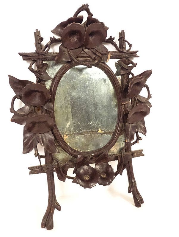Miroir glace bois sculpté Black Forest Forêt Noire fleurs liseron XIXème