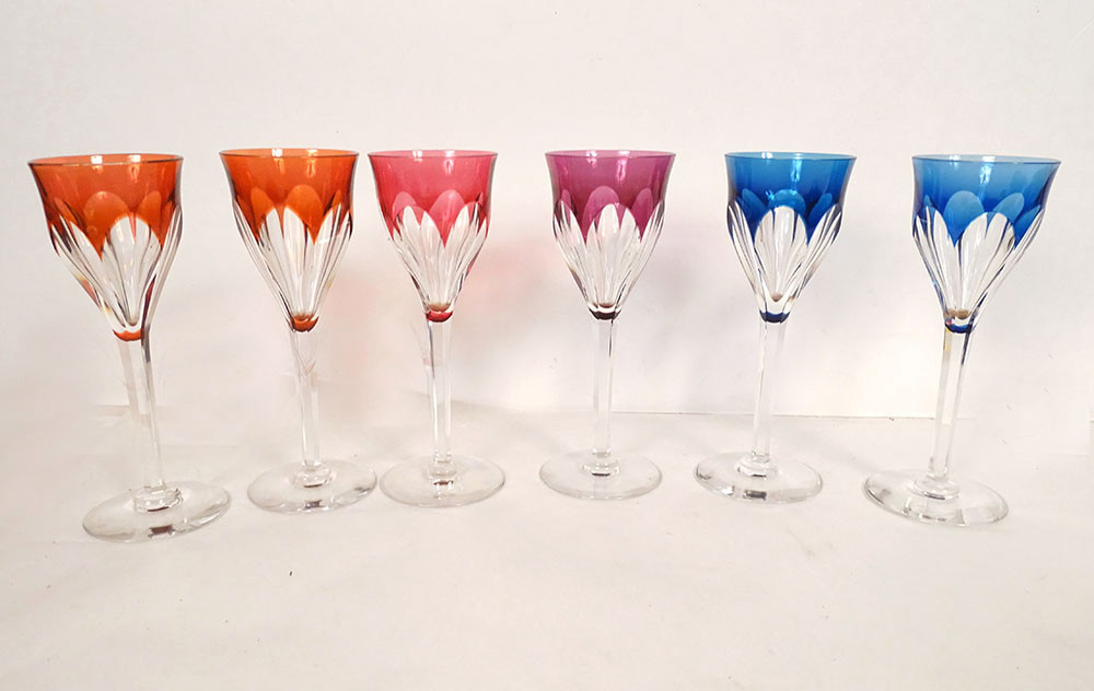 6 verres à vin Rhin cristal couleur Baccarat Genova Saint-Louis Bristol XXè