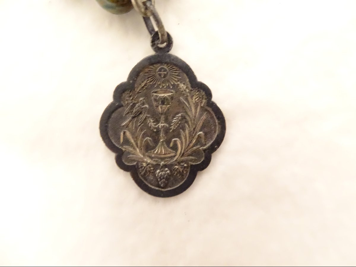 Chapelet rosaire agate mousse métal croix crucifix calice XIXème siècle-photo-3