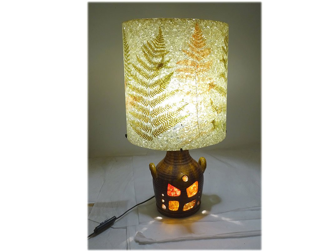 Grande lampe céramique Potiers Accolay abat-jour résine fougères XXè siècle-photo-2