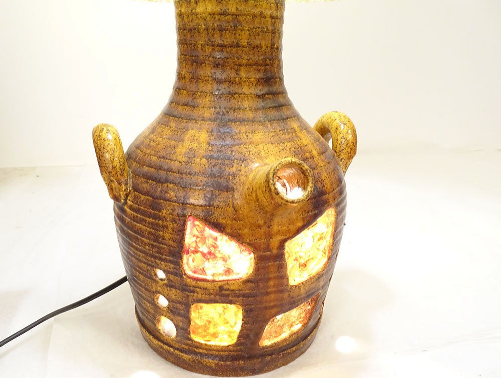 Grande lampe céramique Potiers Accolay abat-jour résine fougères XXè siècle-photo-3