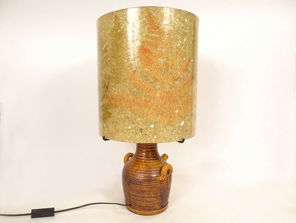 Grande lampe céramique Potiers Accolay abat-jour résine fougères XXè siècle-photo-2