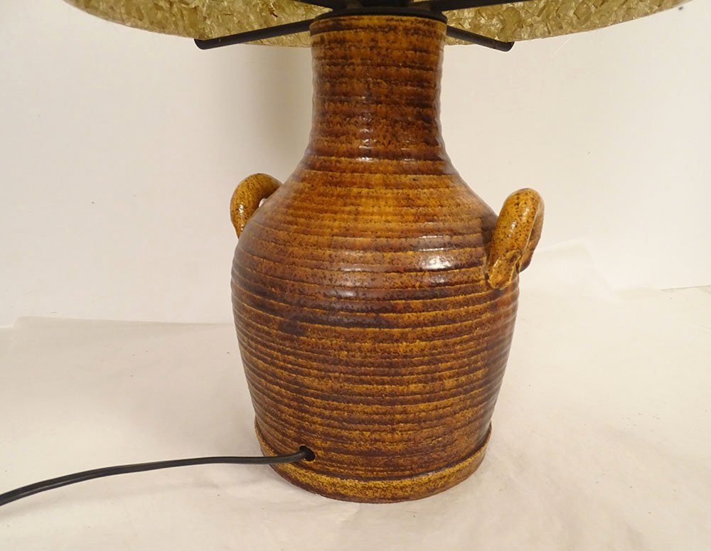 Grande lampe céramique Potiers Accolay abat-jour résine fougères XXè siècle-photo-3