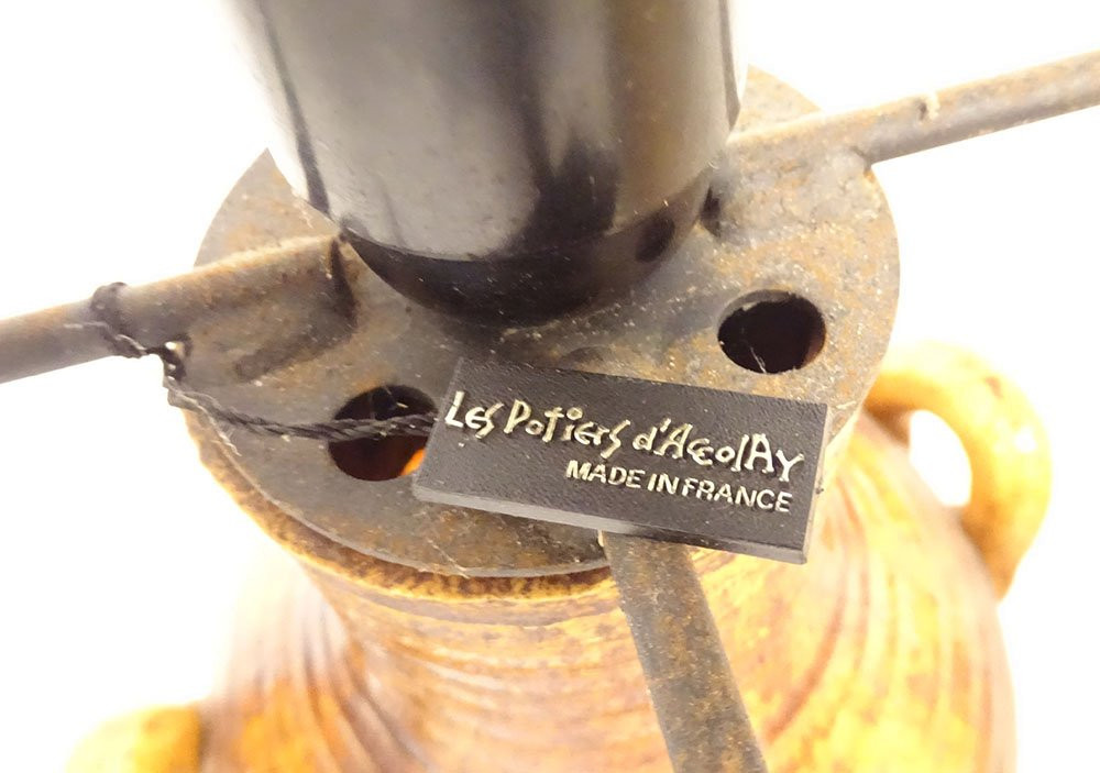 Grande lampe céramique Potiers Accolay abat-jour résine fougères XXè siècle-photo-5