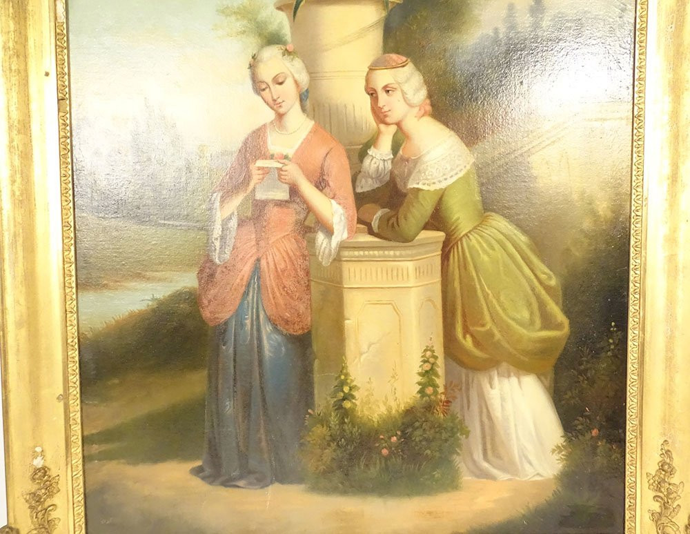 Large Oil Painting Of Two Women, 18th Century, Romantic Letter, 19th Century Stuccoed Frame-photo-2