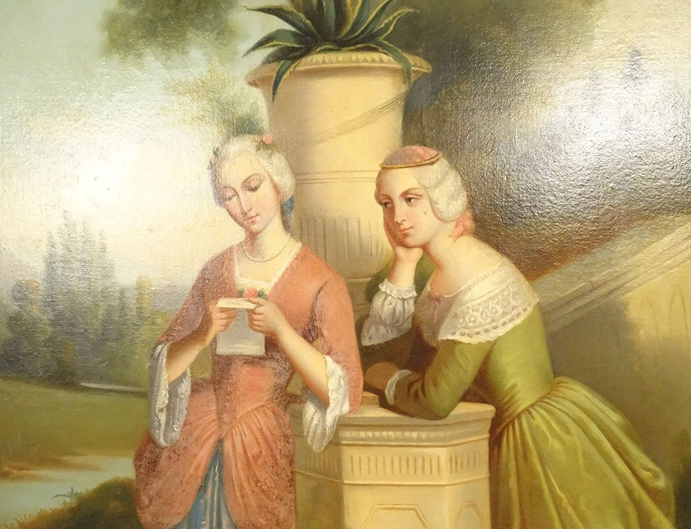 Large Oil Painting Of Two Women, 18th Century, Romantic Letter, 19th Century Stuccoed Frame-photo-3