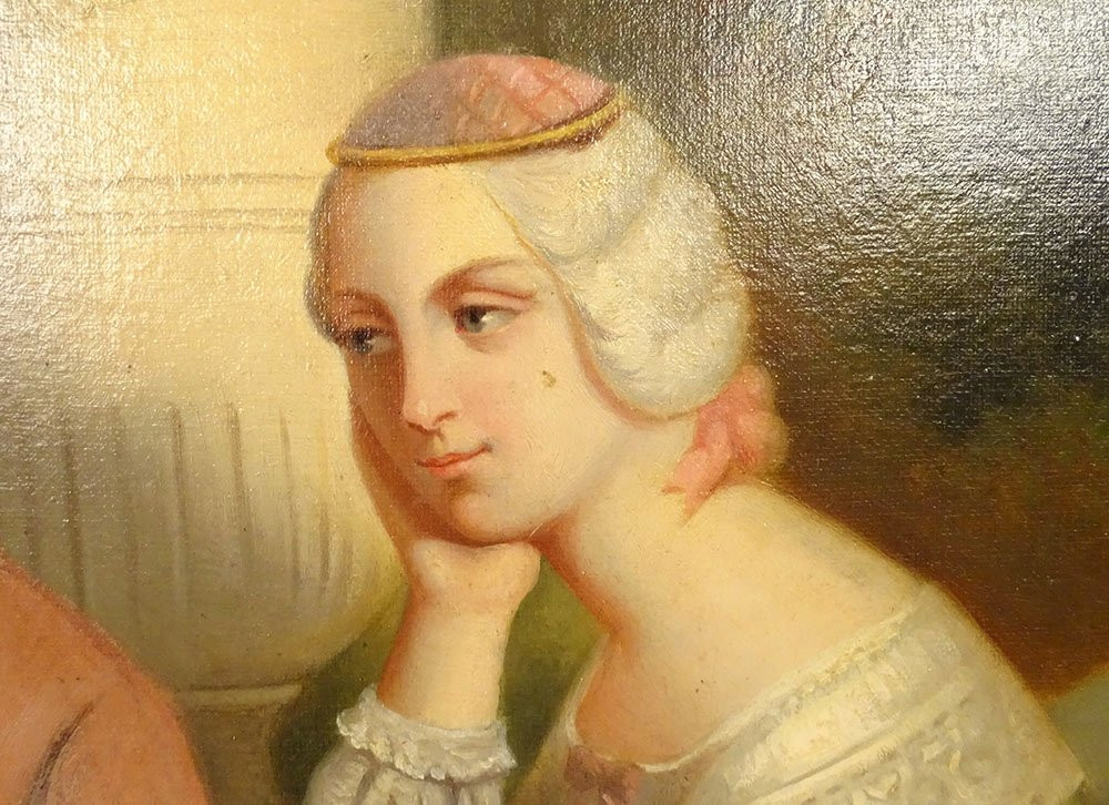 Large Oil Painting Of Two Women, 18th Century, Romantic Letter, 19th Century Stuccoed Frame-photo-1