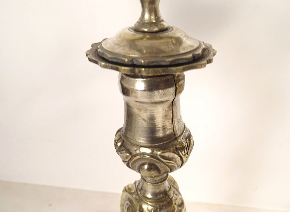 Pair Of Louis XV Silvered Bronze Rocaille Two-light Candelabra, 18th Century-photo-4