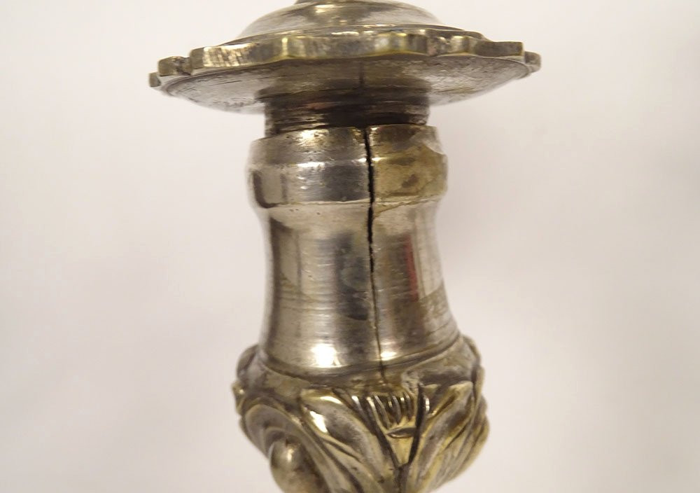 Pair Of Louis XV Silvered Bronze Rocaille Two-light Candelabra, 18th Century-photo-2